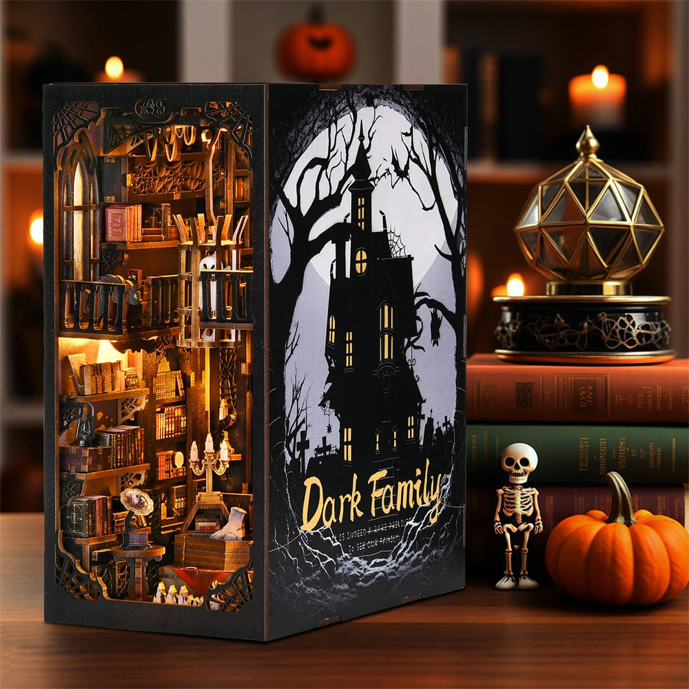 Book Nook Kit Dark Family DIY Wooden Puzzle Gothic style Halloween Bookshelf Dollhouse Model Bookend Building Home Decoration