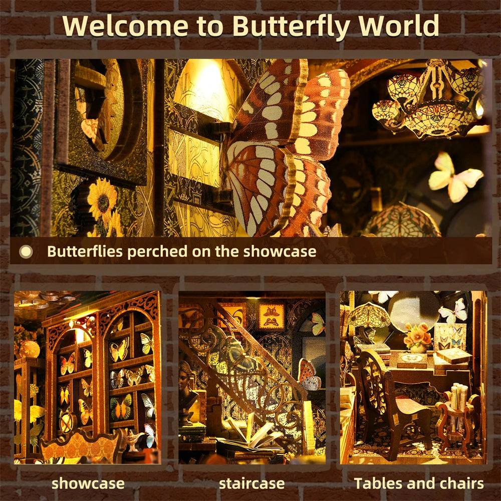 ASLOWSNAIL Butterfly Book nook kit Wooden 3D Puzzle DIY Dollhouse Bookshelf Building Model Kit Production High Quality Toys