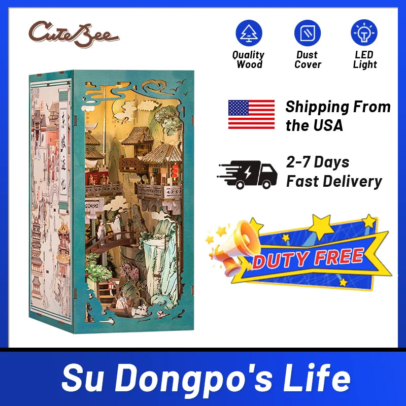 CUTEBEE Antiquity Book Nook Chinese Style Doll House Kit with Touch Light Dust Cover Bookshelf Insert Toy Su Dongpo's Life
