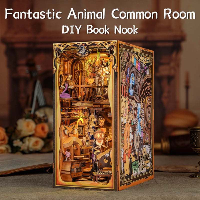 CUTEBEE DIY Book Nook Kit Wooden Dollhouse with Touch Light Magic Bookshelf Insert Decor for Gift Fantastic Animal Common Room
