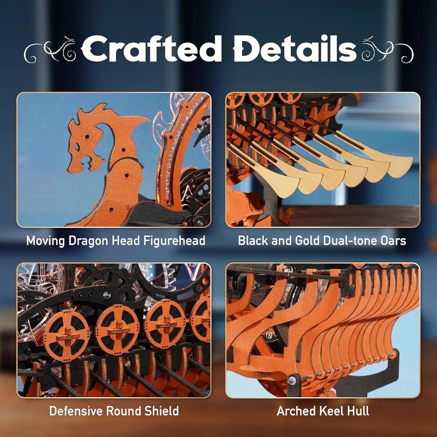 Robotime Boat Wooden Models 3D Puzzle Wooden Model Kits Viking Dragon Ship with Motor and LED Light Unique Gifts Ship