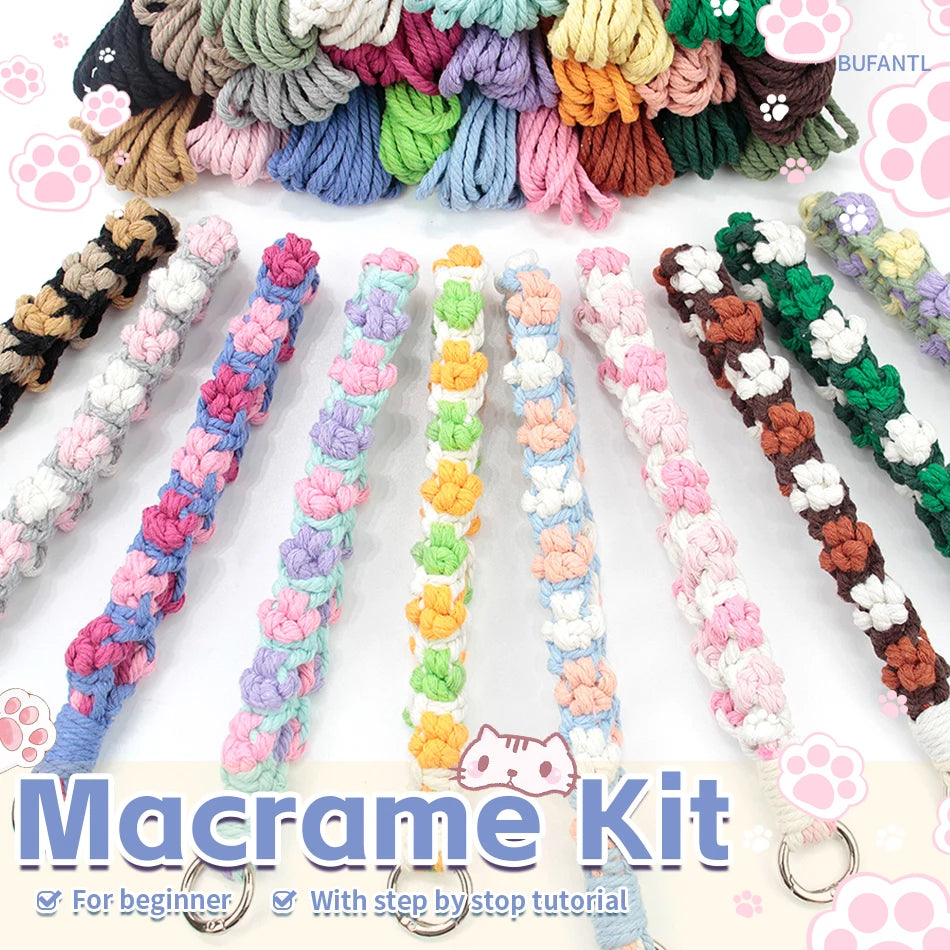 Handmade Woven Cat's Paw Wristband keychain Macrame Kit With Tutorial For Beginners Hand DIY Cat Paw Wristlet Key Chain Lanyard