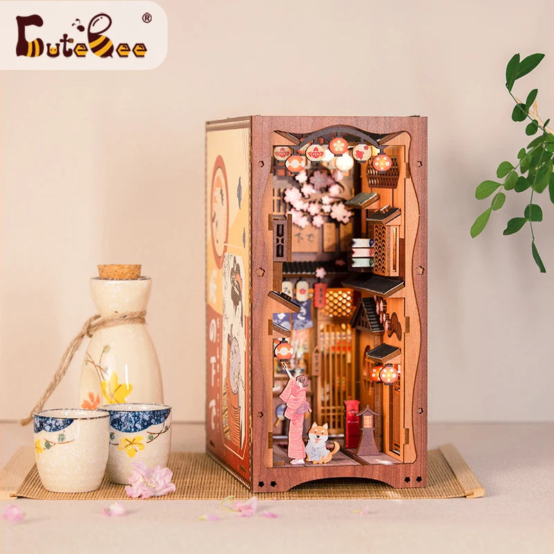 Cutebee DIY Book Nook Sakura Miniature Dollhouse Bookshelf Insert Japanese Wooden Bookend 3D Lighting Building for Kid Gifts