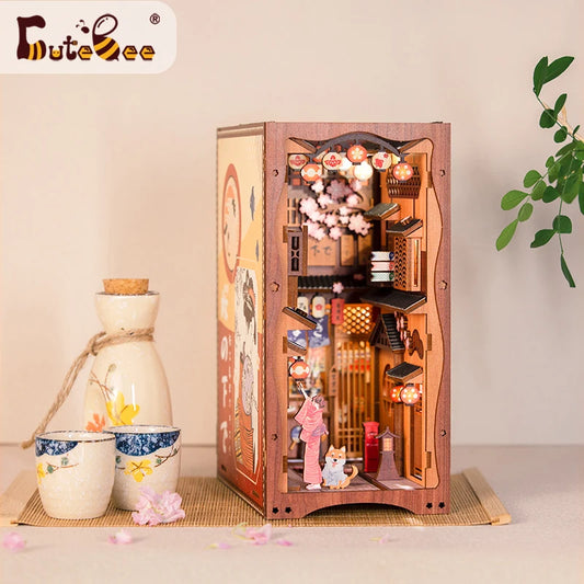 Cutebee DIY Book Nook Sakura Miniature Dollhouse Bookshelf Insert Japanese Wooden Bookend 3D Lighting Building for Kid Gifts