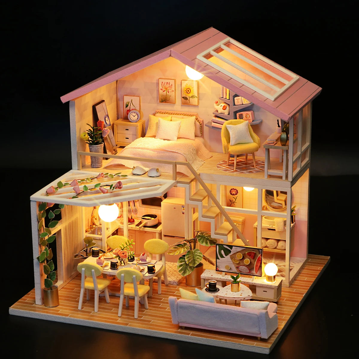 Dollhouse Miniature Pink Villa Assembly Model Architecture DIY Handmade 3D Puzzle Toy Set Wooden Crafts Girl Birthday Gift