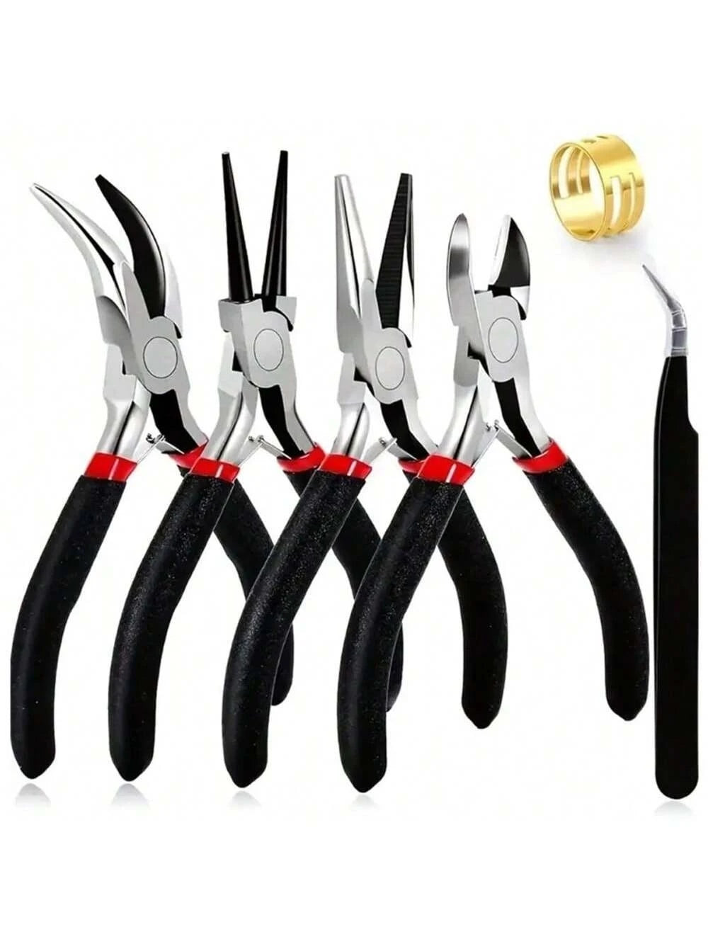 6-Piece Black Jewelry Pliers Set - Pointed/Chain/Round-Nose Pliers & Wire Cutters for DIY Bracelet Weaving, Jewelry Crafting