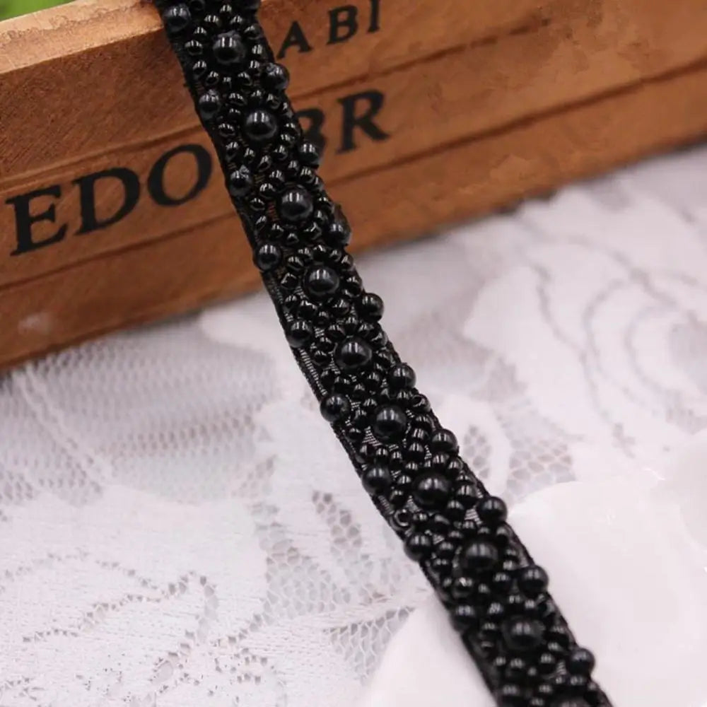 1 Yards Pearl Beaded Trim Bridal Lace Ribbon Crystal Rhinestone Applique Trim straps for Craft Sewing Wedding Dress DIY Fabric