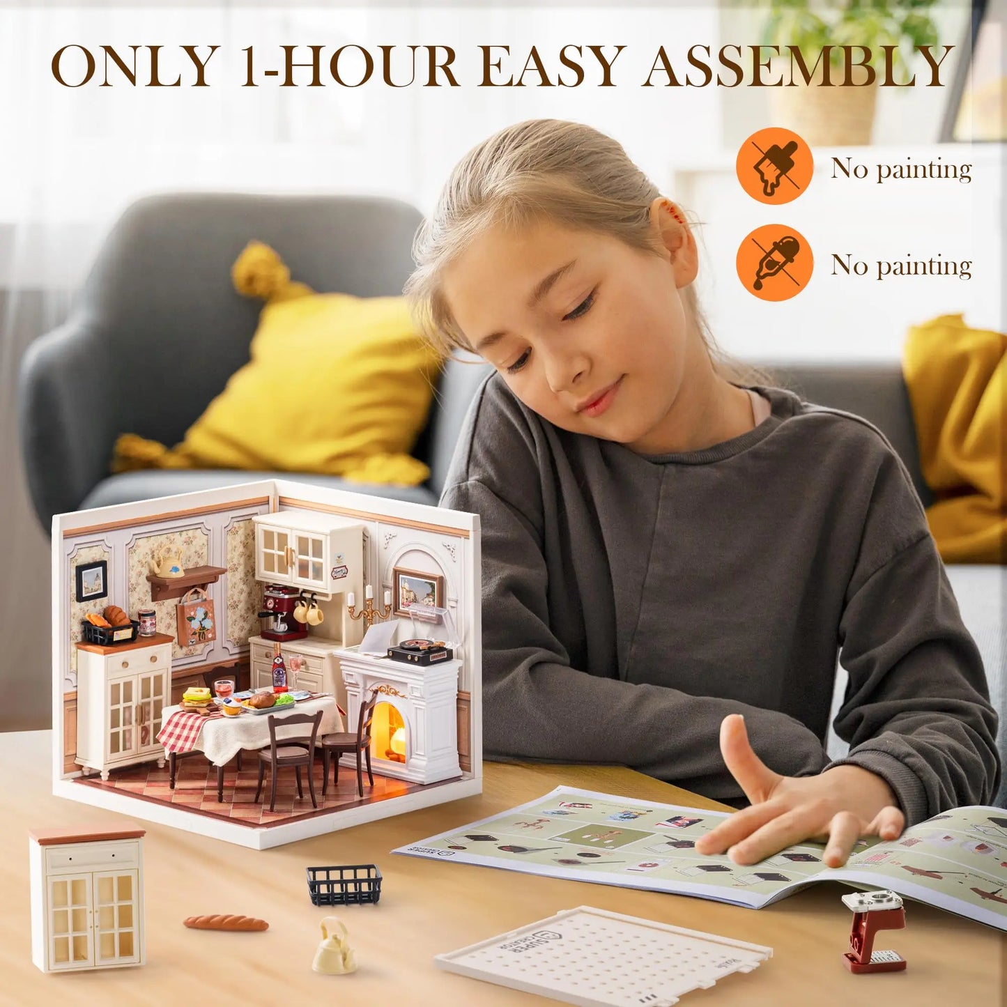 ROBOTIME DIY Miniature House Craft Kit, Dollhouse Model Building Kit Birthday Creative Gifts for Adults, Kids (Warm Dining Room)