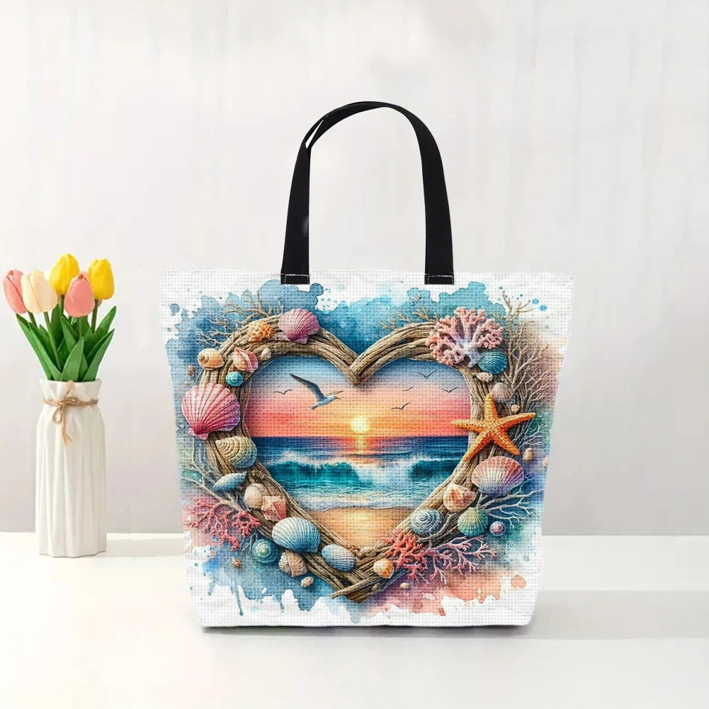 11CT Print Heart-Shaped Beach Scenery DIY Tote Bag Cross Stitch Kits 40x40cm Needlework Embroidery Craft Kit for Kids Adults