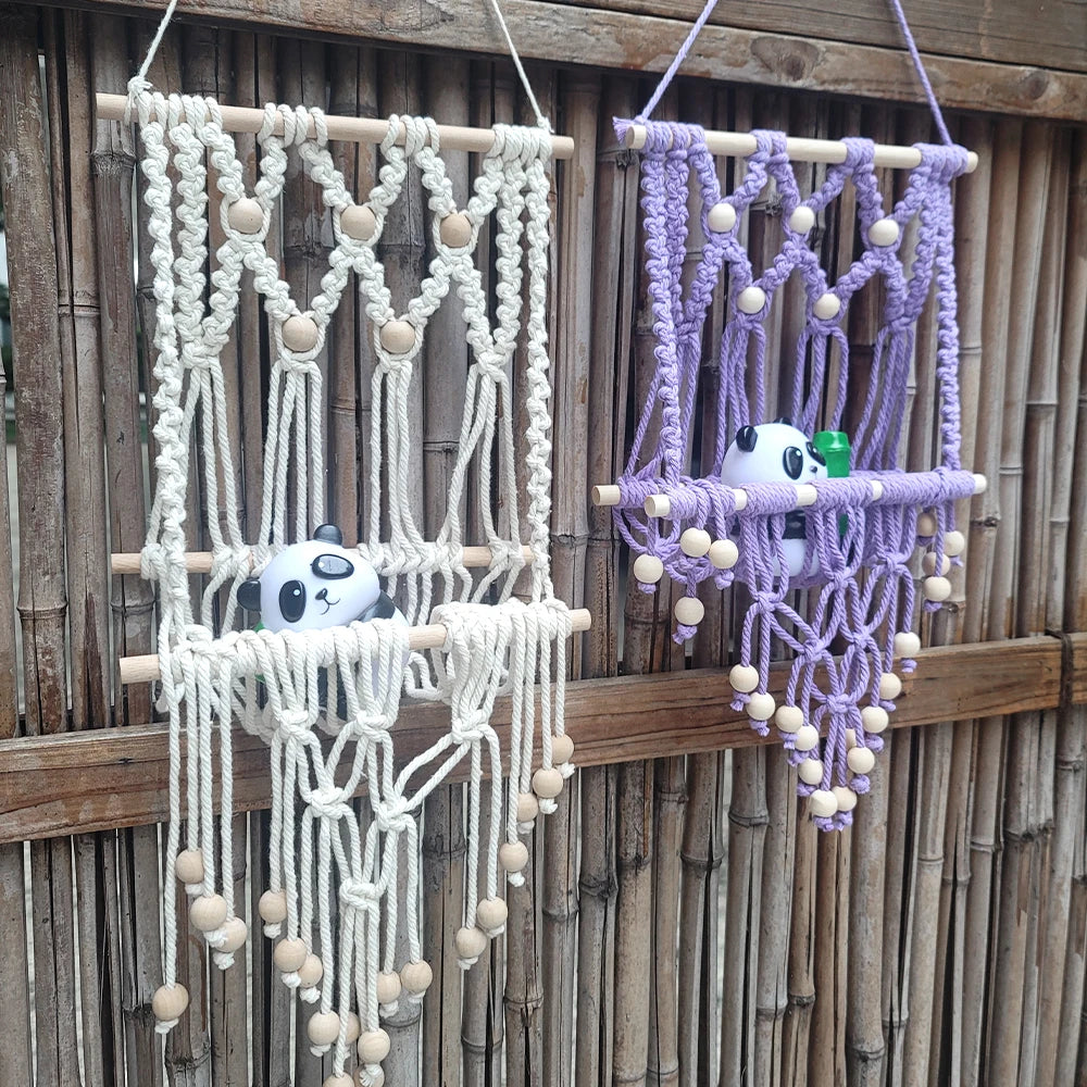 Bohemian Retro Hanging Bookshelf Macrame Kit - DIY Handmade Weaving Set with Beginner Guide, Wall-Mounted Shelf