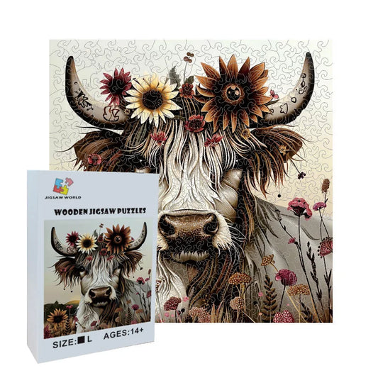 Sunflower Yak Wooden Jigsaw Puzzle - Animal-Shaped Natural Wood Advanced Level Challenge for Adults & Teens, Vibrant Floral Art