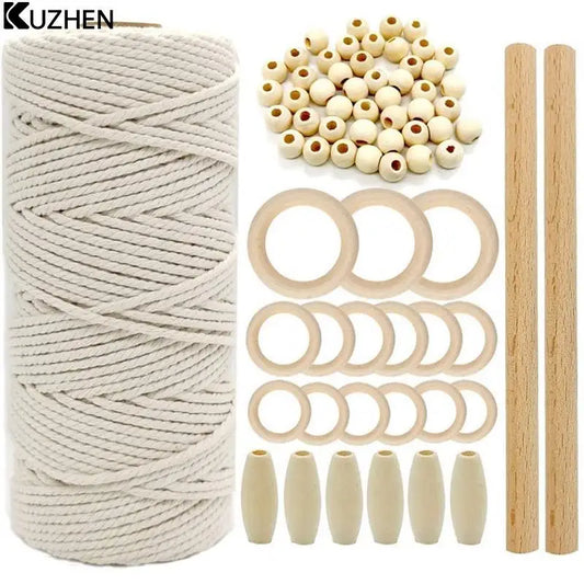 Macrame Cord Natural Cotton Rope With Wood Ring Wood Stick For DIY Teether Macrame Kit Wall Hanging Plant Hanger