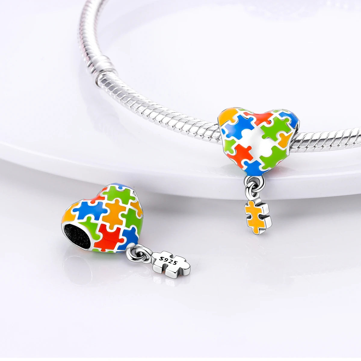 925 Sterling Silver Colorful patchwork heart shape Beads Fit Bracelets Necklace Women Gift DIY Jewelry Making Accessory