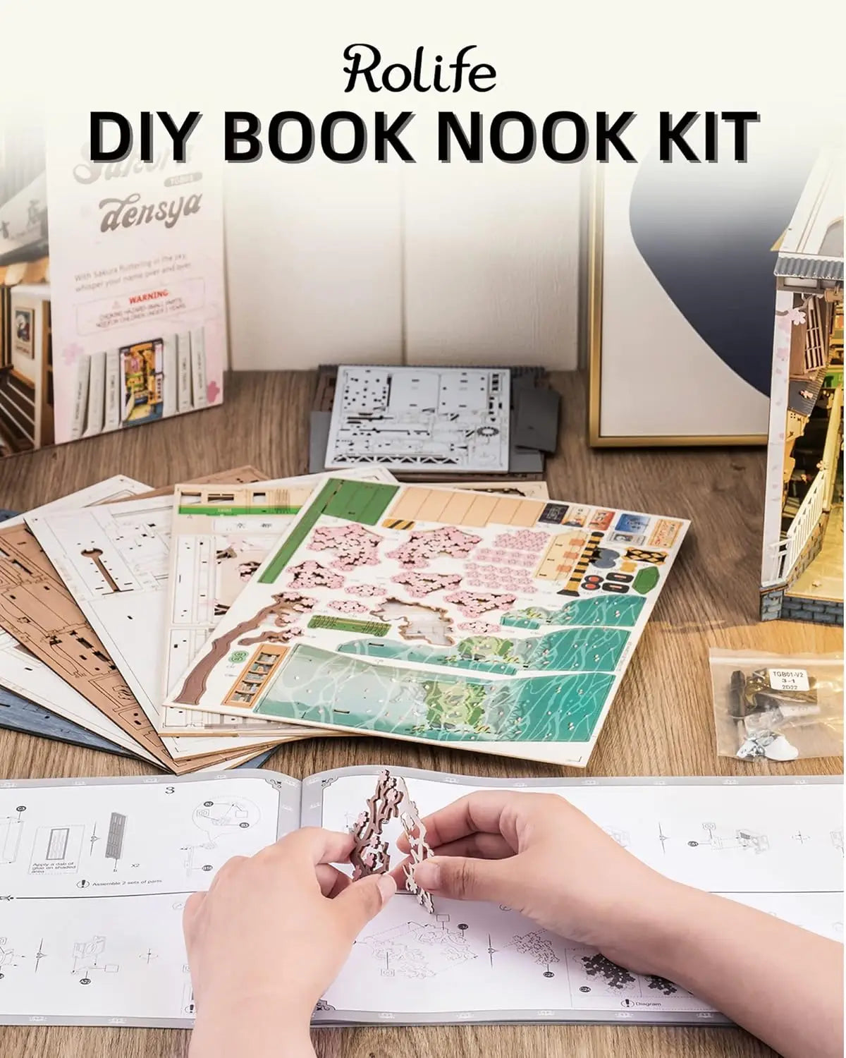 Robotime Rolife Sakura Densya Book Nook DIY Dollhouse Bookend Model Kit with LED Light Wooden Puzzle for Bookshelf Decor - TGB01