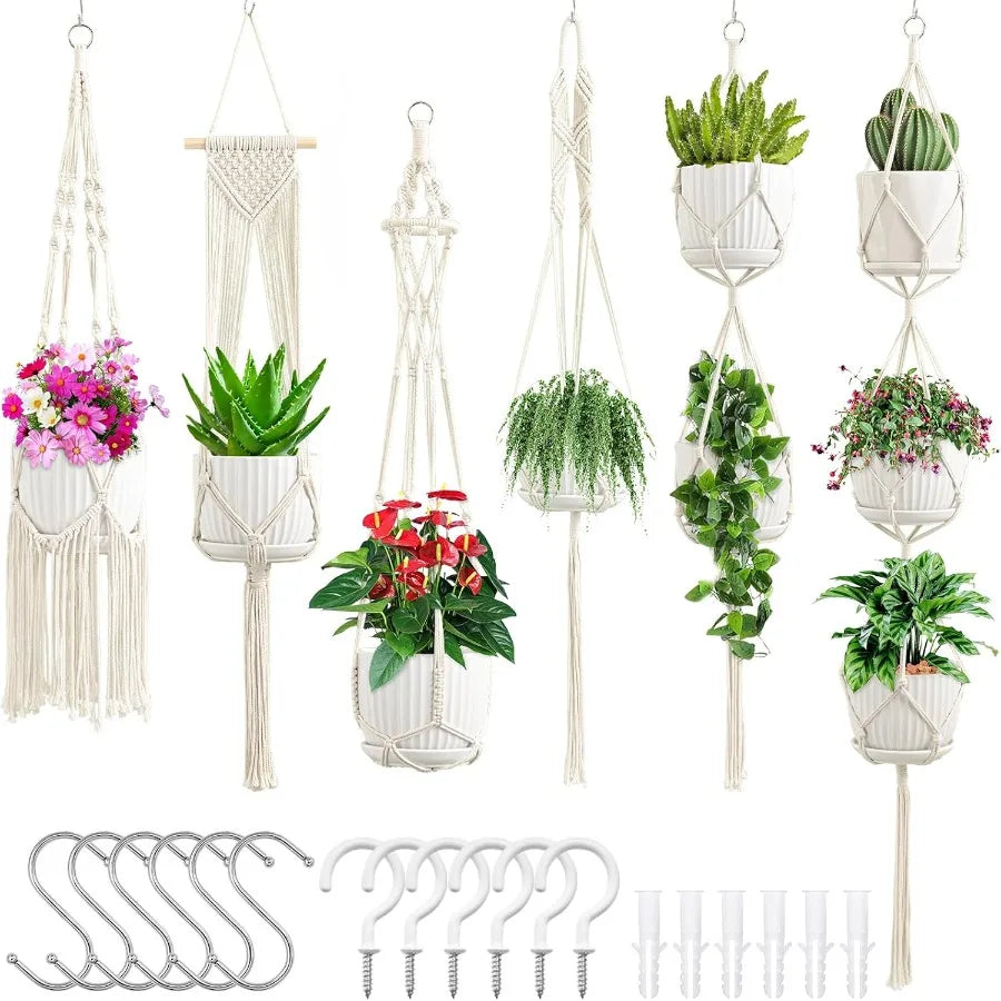 Macrame Plant Hangers 6Pack Hanging Planters for Indoor Plants w 6 Set Hangers Kit Handmade Macrame Plant Hangers Indoor Flowers.