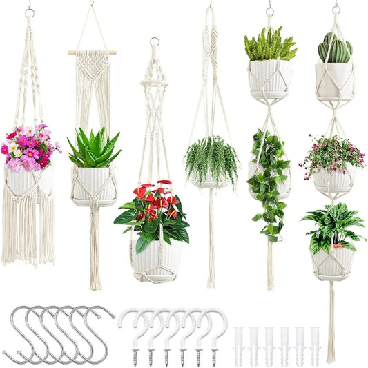 Macrame Plant Hangers 6Pack Hanging Planters for Indoor Plants w 6 Set Hangers Kit Handmade Macrame Plant Hangers Indoor Flowers.