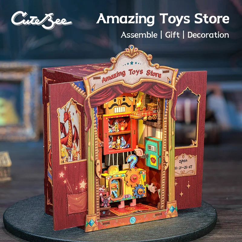 CUTEBEE Wooden 3D Puzzle DIY Book Nook Kit Miniature Dollhouse with Light Dust Cover Bookshelf Insert for Child Birthday Gift