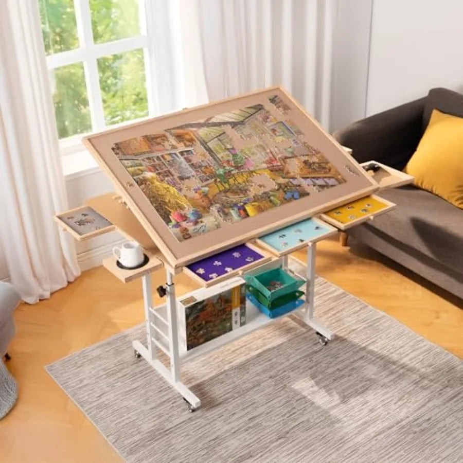 1500 Piece Tilting and Rotating Puzzle Table with 5 Drawers and Cover Angle and Height Adjustable Puzzle Board with Removable C