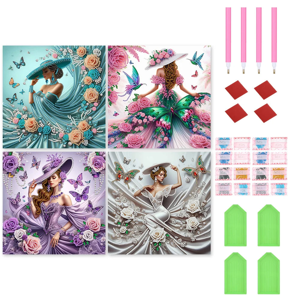 4pcs Girl 5D DIY Special Shape Crystal Partial Diamond Painting Kit Home Decor