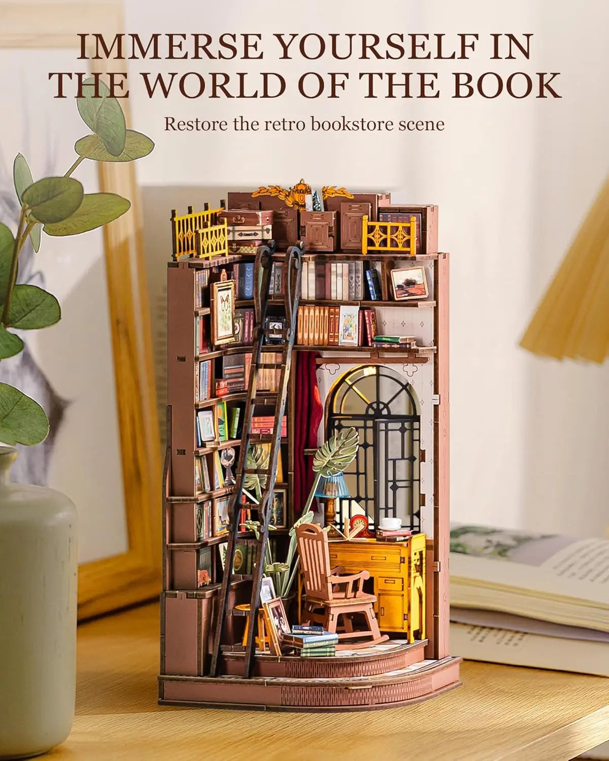 Robotime Rolife Silent Corner Study DIY Book Nook Shelf Insert Wooden Miniature Doll House for Bookshelf Insert Furniture TGE02