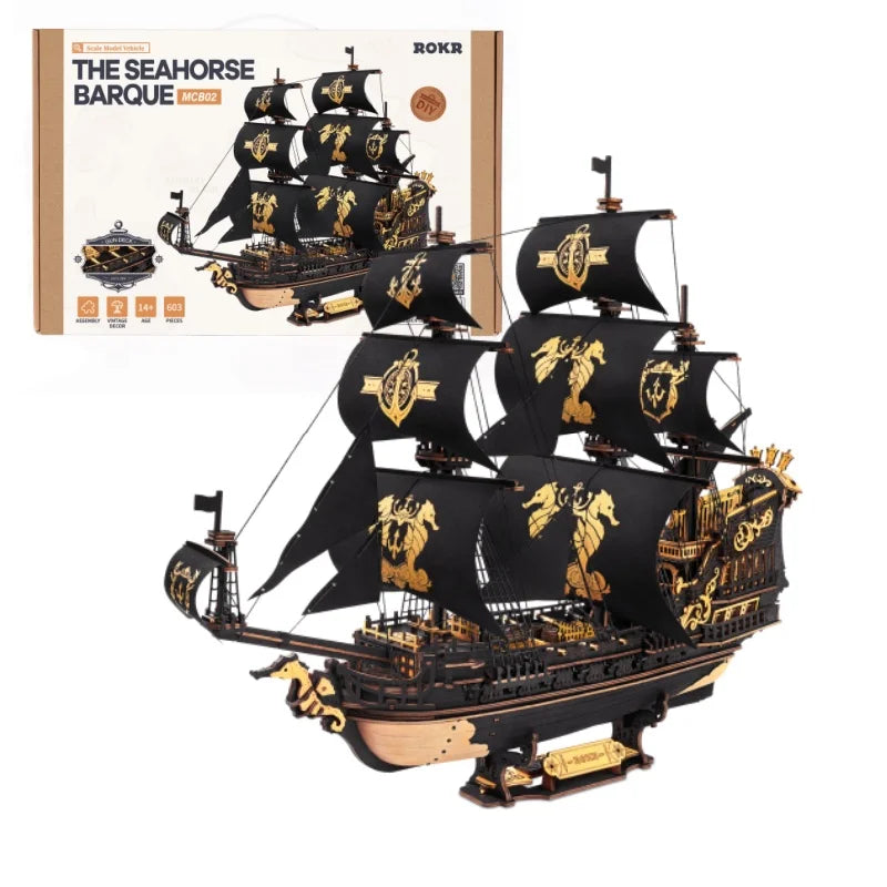 Robotime Rokr Wooden Seahouse Barque Model kit 3D Puzzle Build Home Desk Decoration Gift For Teens and Adults