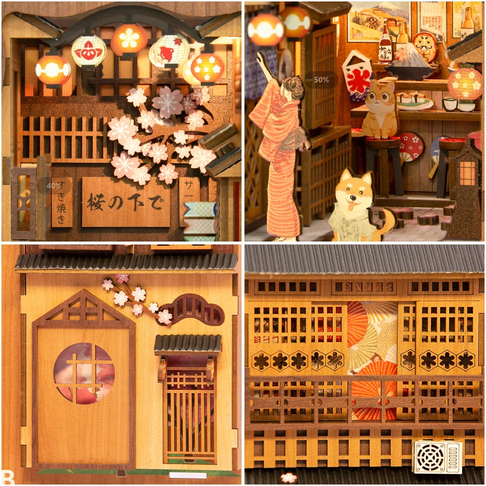Cutebee DIY Book Nook Sakura Miniature Dollhouse Bookshelf Insert Japanese Wooden Bookend 3D Lighting Building for Kid Gifts