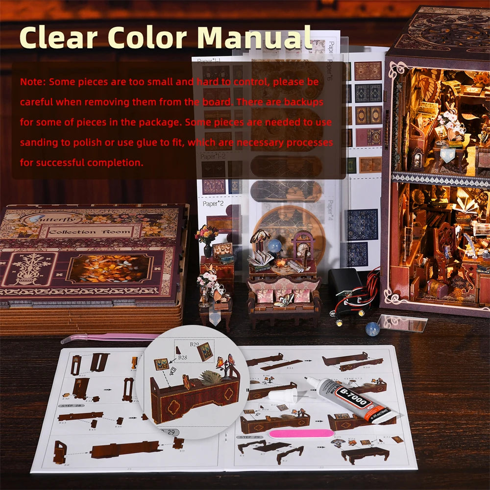 ASLOWSNAIL Butterfly Book nook kit Wooden 3D Puzzle DIY Dollhouse Bookshelf Building Model Kit Production High Quality Toys