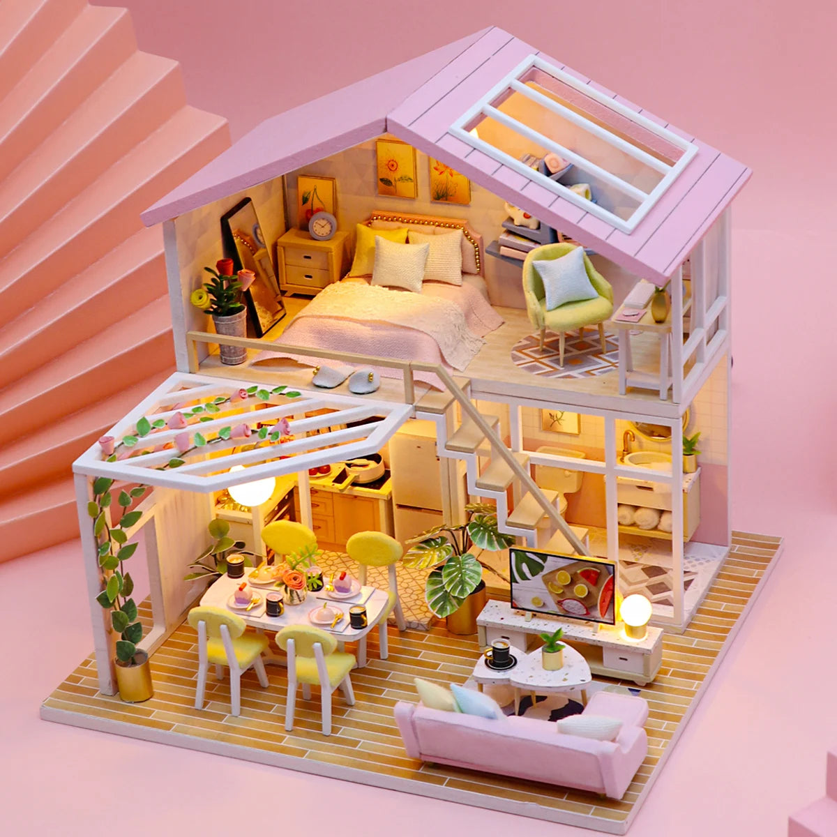 Dollhouse Miniature Pink Villa Assembly Model Architecture DIY Handmade 3D Puzzle Toy Set Wooden Crafts Girl Birthday Gift
