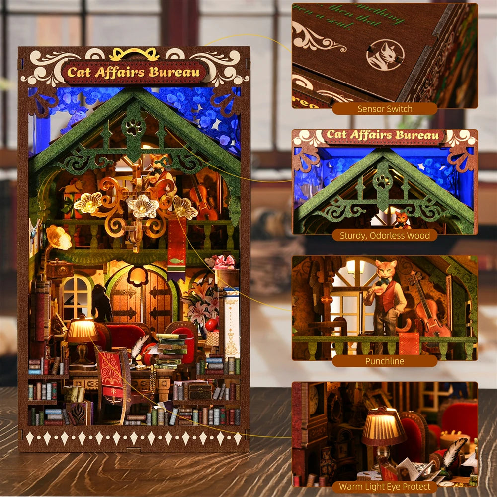 Book Nook Kit Kitty Cat 3D Puzzle Wooden DIY Home Decoration For Bookshelf Miniature Insert Magic Book House Stand Bookshelf