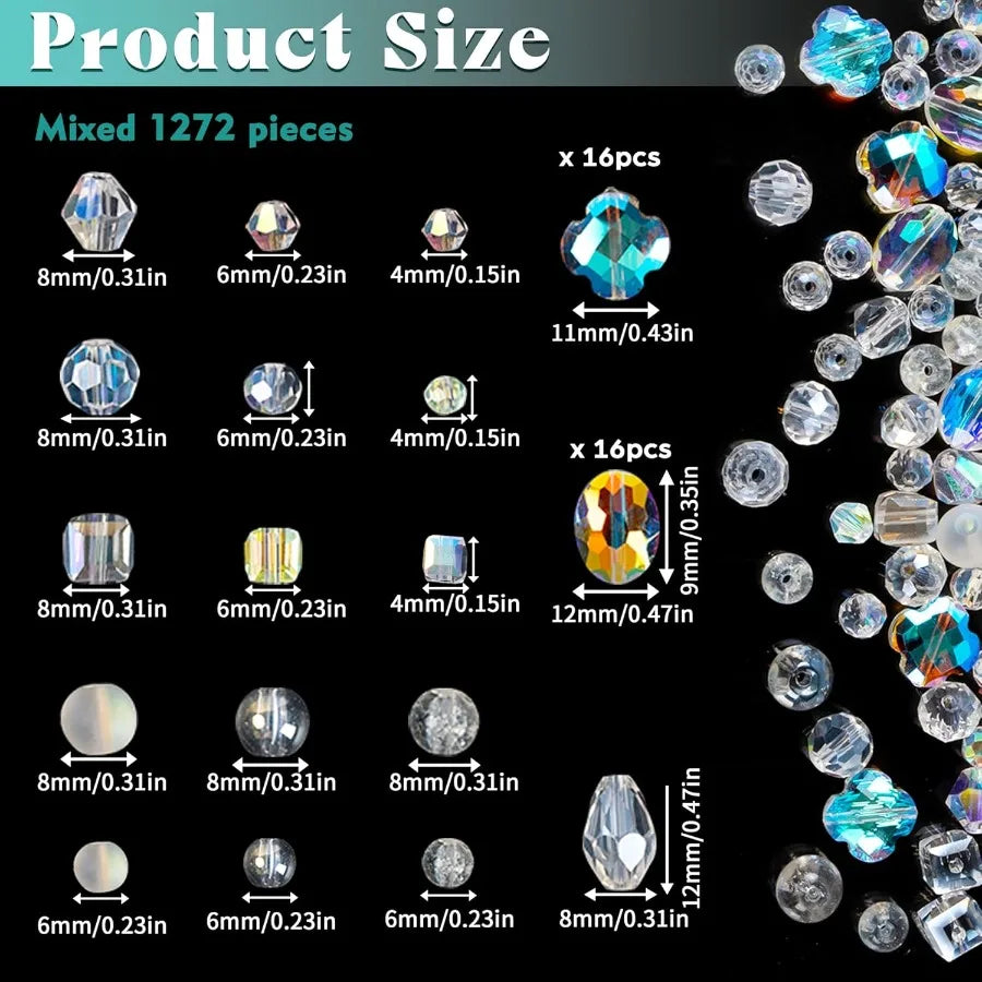 1272Pcs Glass Beads for Jewelry Making Assorted Crystal Beads with Loose Beads for Bracelet Earring Necklace Suncatchers DIY Cr