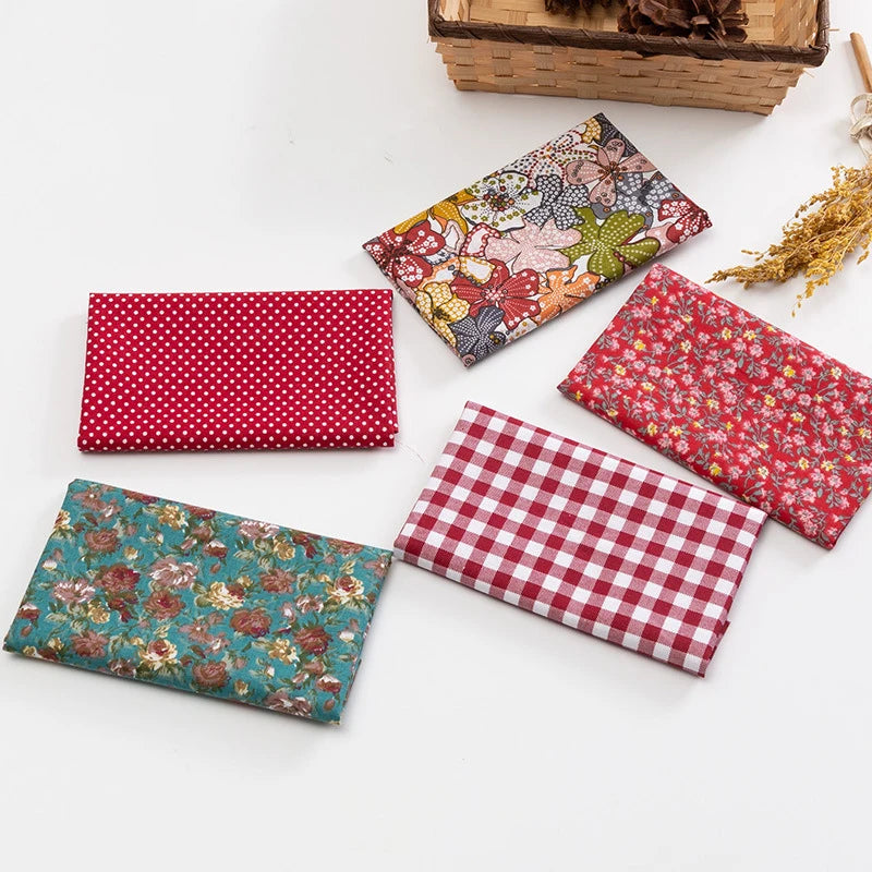 5Pcs/Set 25cmX25cm Floral Plaid Dot Stripes Print Cotton Fabric Sewing Quilting Cloth Patchwork Needlework Handmade DIY Material