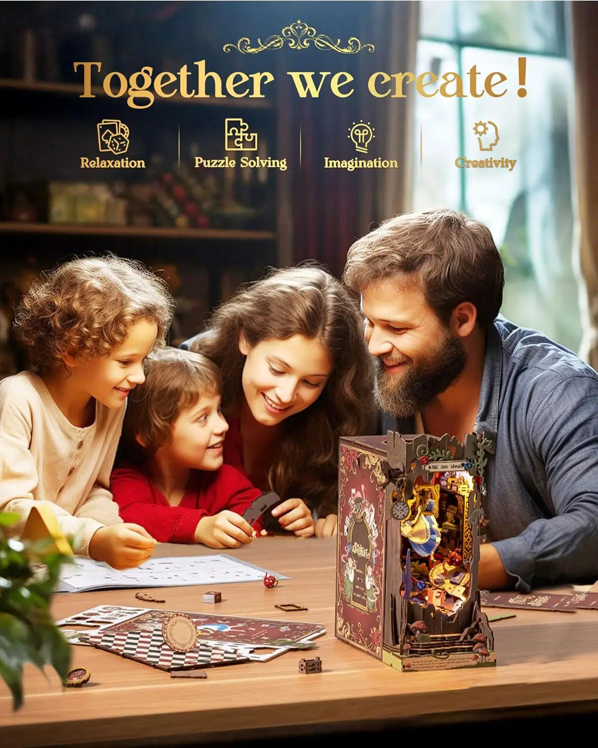 Robotime Rolife Book Nook Kits Fall into Wonder DIY Booknook with Lights Miniature House Kit 3D Wooden Puzzle Bookshelf Gift TGB