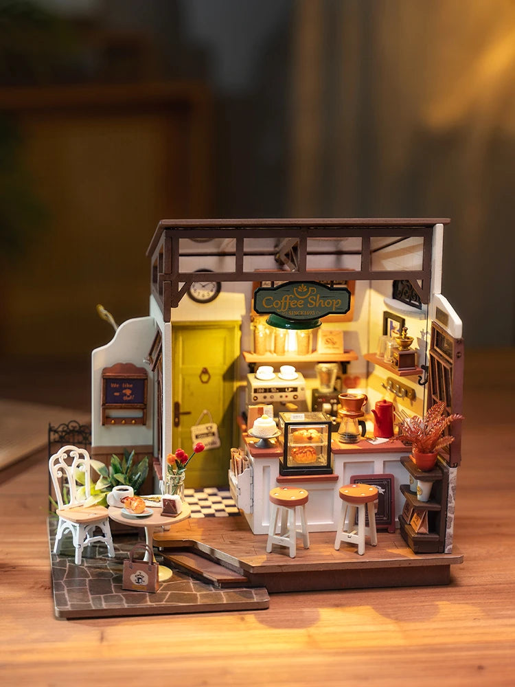 Robotime Rolife Coffee Shop Miniature Dollhouse Kit with LED Lights - DIY Crafts for Adults, Birthday Gifts and Hobbies
