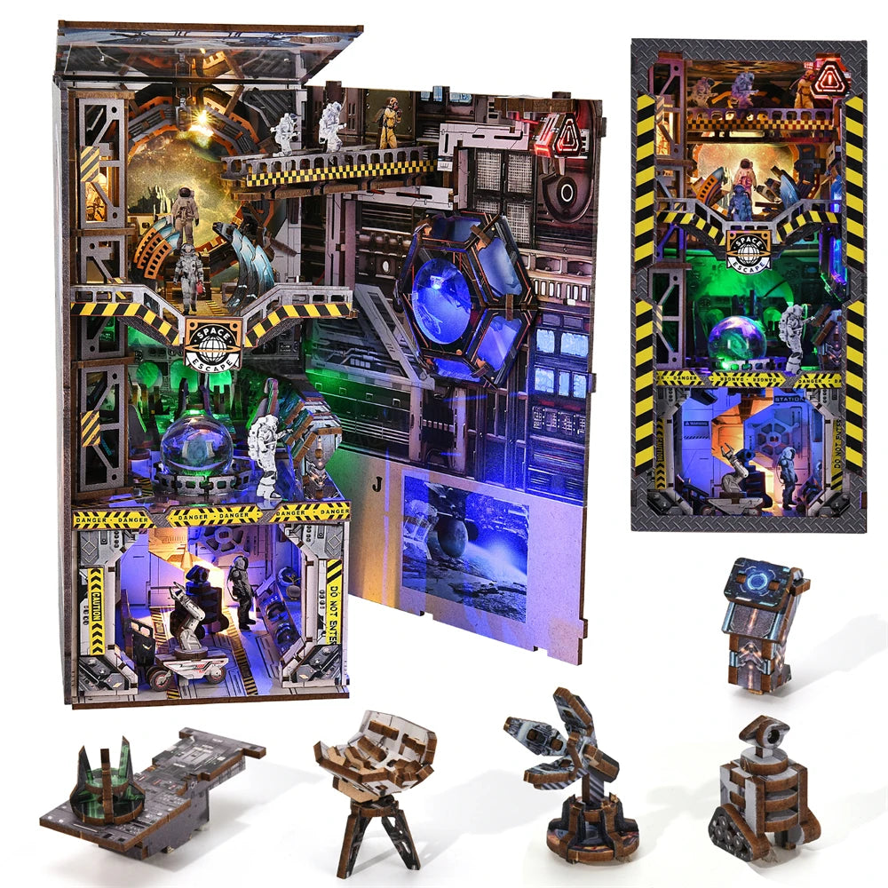 Book Nook Kit Apollo Bricks Space Exploration Model Build 3D Wooden Puzzle DIY Bookshelf Miniatural Astrona Dollhouse Decoration