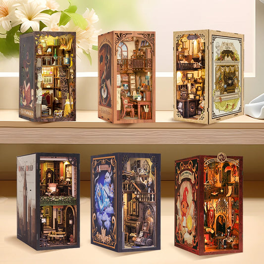 CUTEBEE Wooden Dollhouse Kit Miniature Doll House Kits Booknook Bookshelf Book Nook with Dust Cover Bookends Christmas Gift