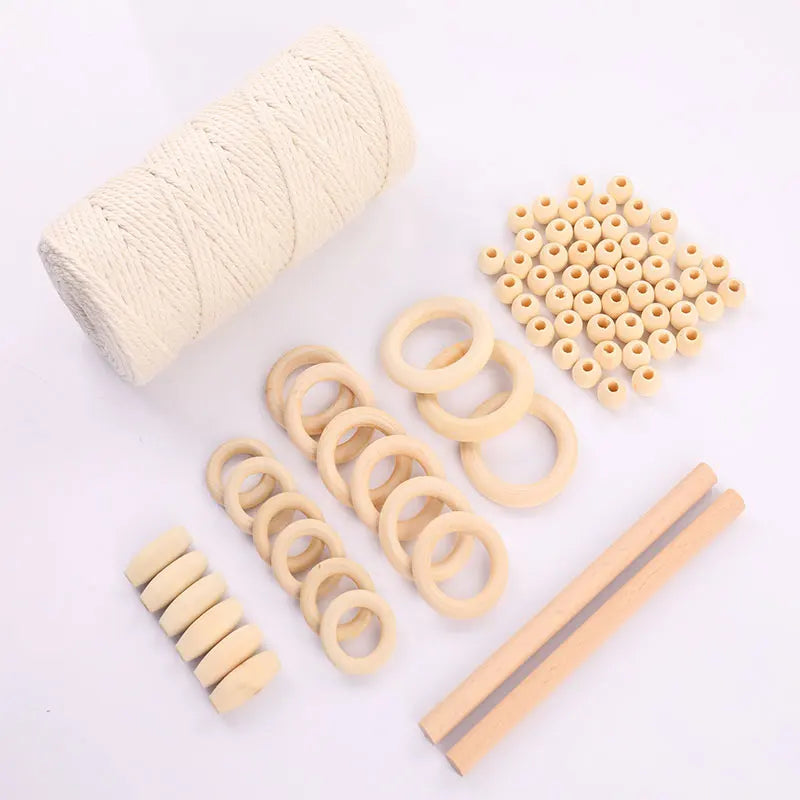 1Set Macrame Cord Cotton Rope With Wood Ring Wooden Beads For DIY Wall Hanging