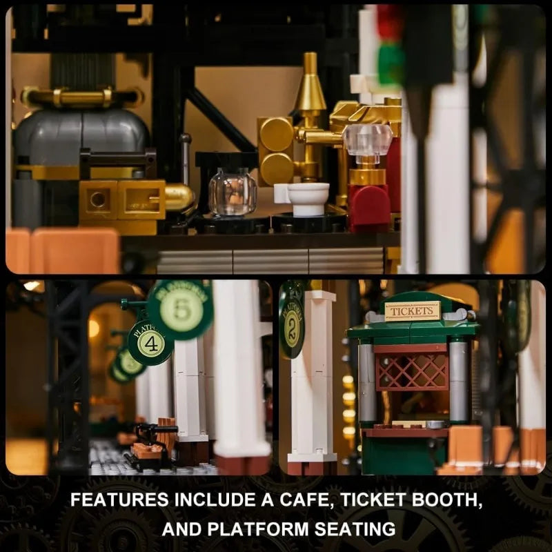 2788PCS MOC Steampunk Railway Station Large Building Blocks Mechanical Train Station Model Desktop Decoration DIY Toys Kids Gift