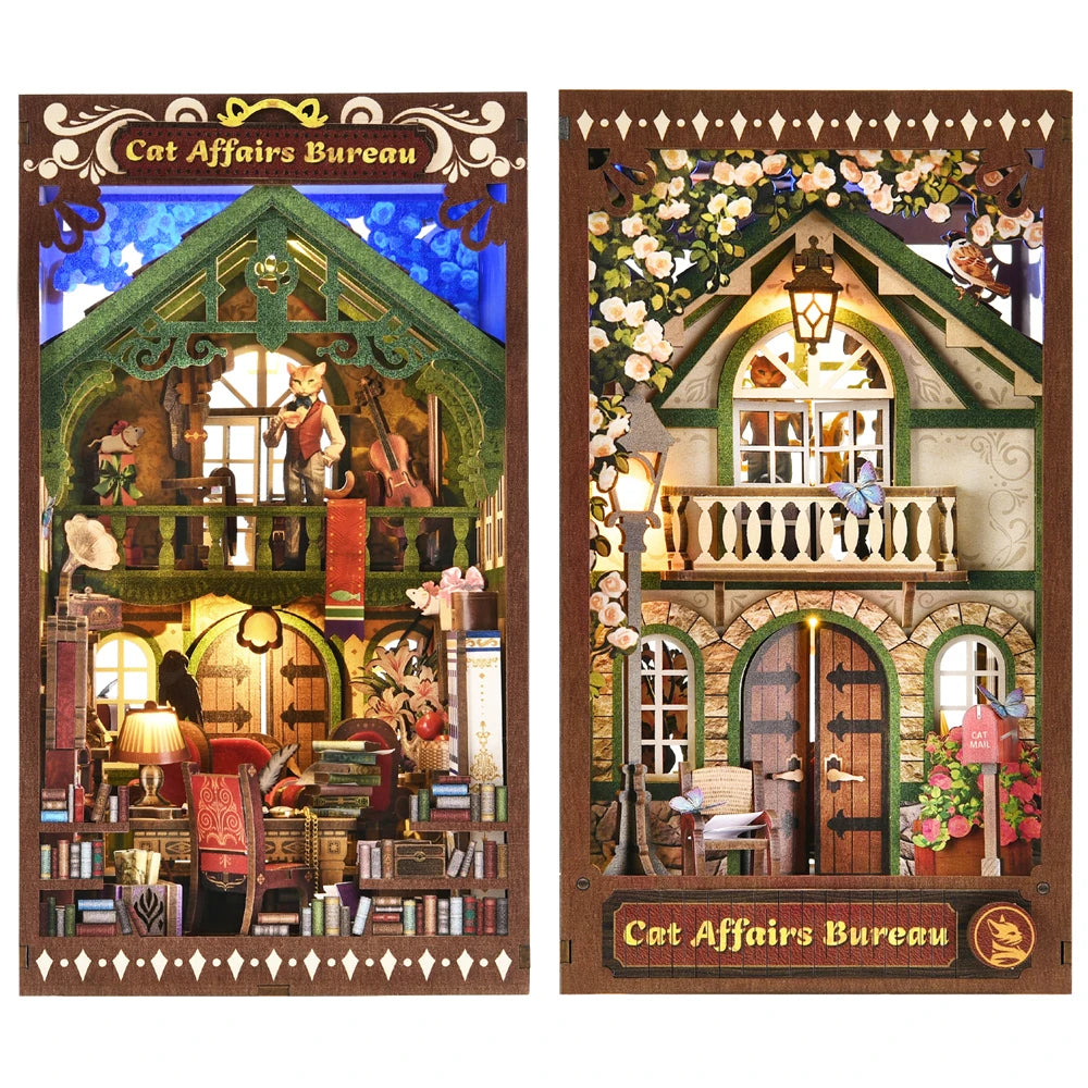 Book Nook Kit Kitty Cat 3D Puzzle Wooden DIY Home Decoration For Bookshelf Miniature Insert Magic Book House Stand Bookshelf