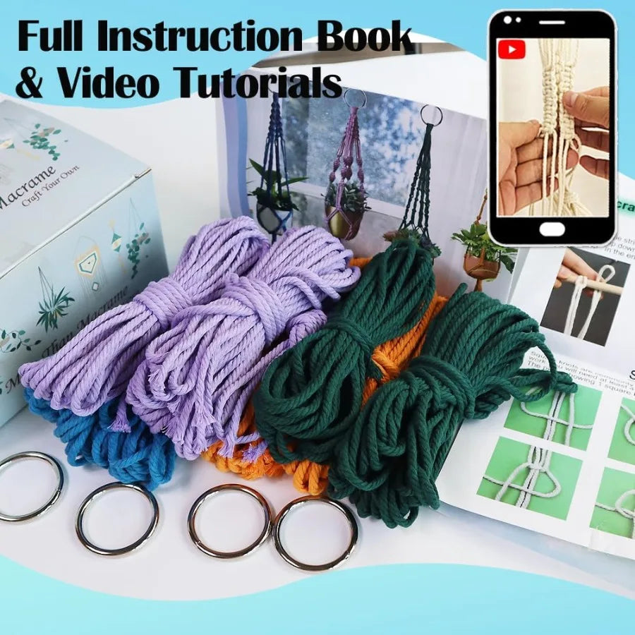 Macrame Plant Hanger Kit with Instruction Book Tutorials Metal Rings 4mm Macrame Cord Green Purple Orange Blue PreCutted for Ma