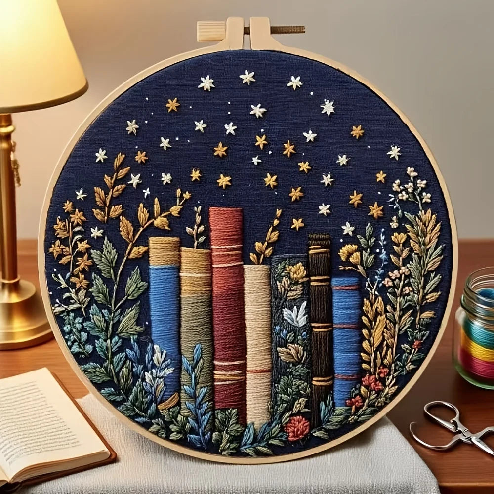Creative Bookshelf Flower And Plant Book Pattern Series Handmade DIY Embroidery Material Package Set. The Embroidery Set Include