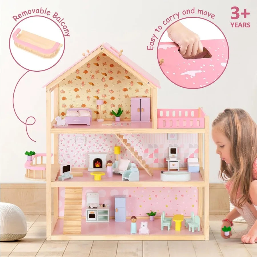 Large Pink Wooden Dollhouse 7Room 3Story Doll House with 38Pc Furniture and Accessories Balcony Montessori Pretend Play Gift fo