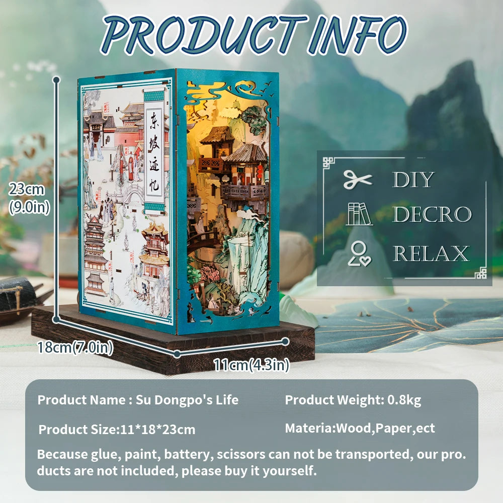 CUTEBEE Antiquity Book Nook Chinese Style Doll House Kit with Touch Light Dust Cover Bookshelf Insert Toy Su Dongpo's Life