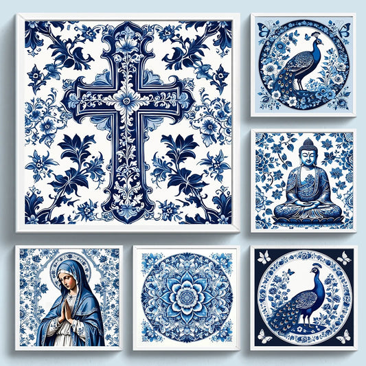 Full Embroidery Eco-cotton Thread 14CT Printed Blue and White Cross Stitch Kit