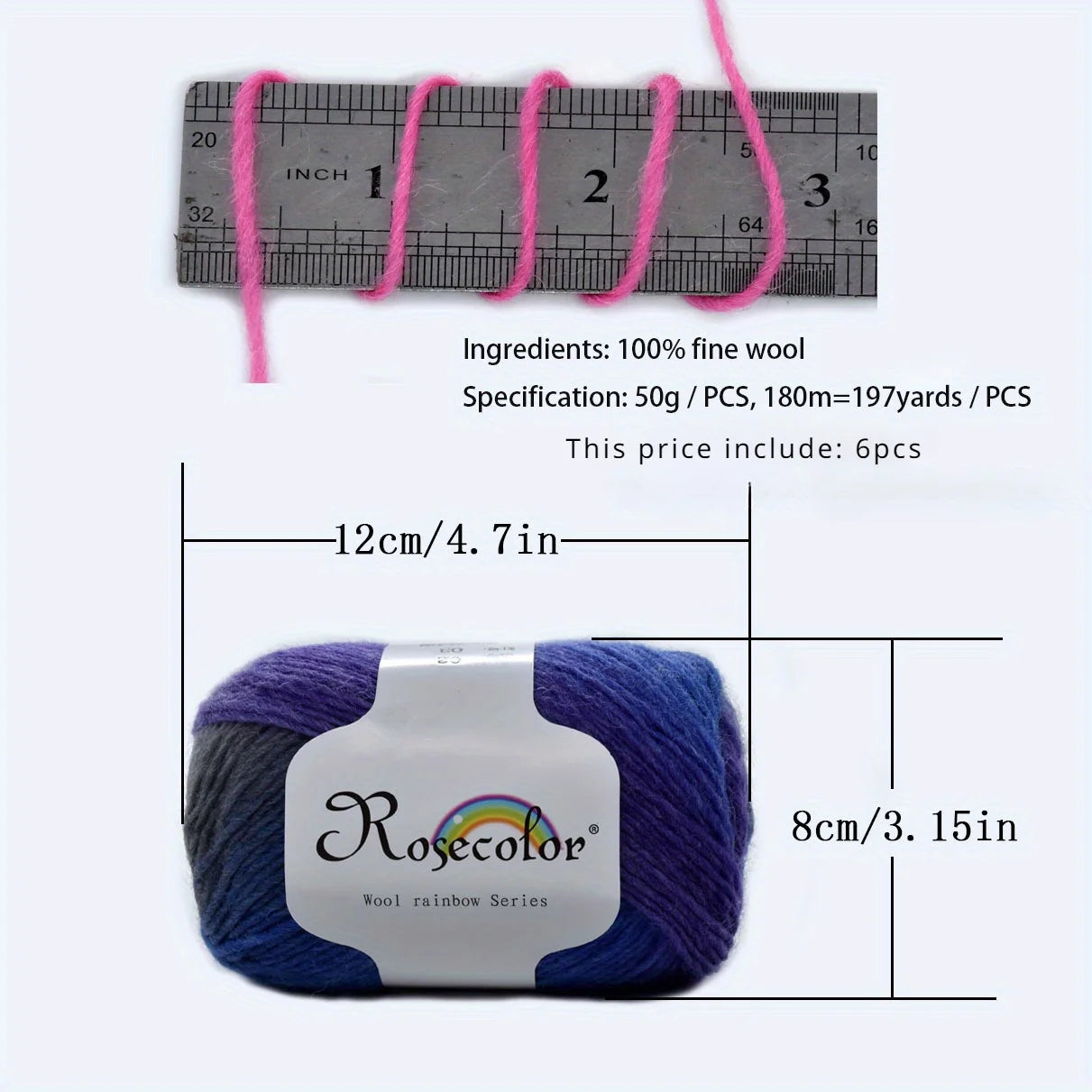 6pcs 100% Wool Yarn Rainbow Crochet Yarn Knitting Crocheting Scarf Hand-Woven Knitted Soft Cashmere Woolen Yarn for 1.76oz/pc