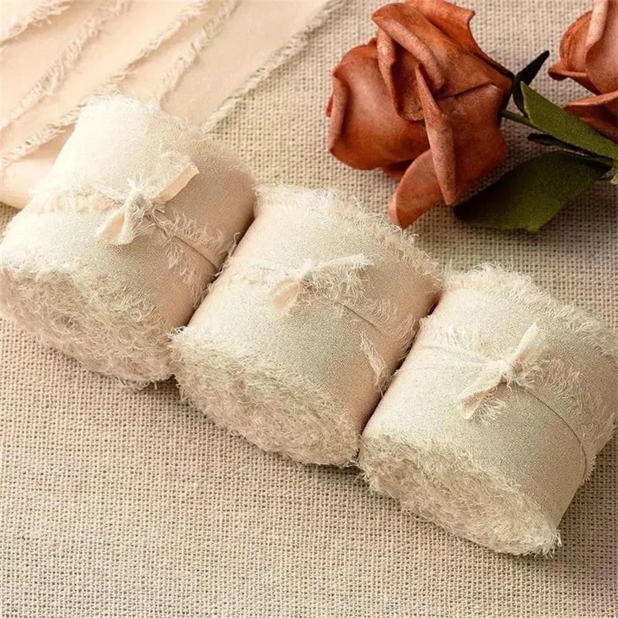 3 Roll/set 5m Frayed Edged Satin Handmade Chiffon Silk Ribbon For Wedding Invitation Bouquets Birthday Party DIY Decoration Gift