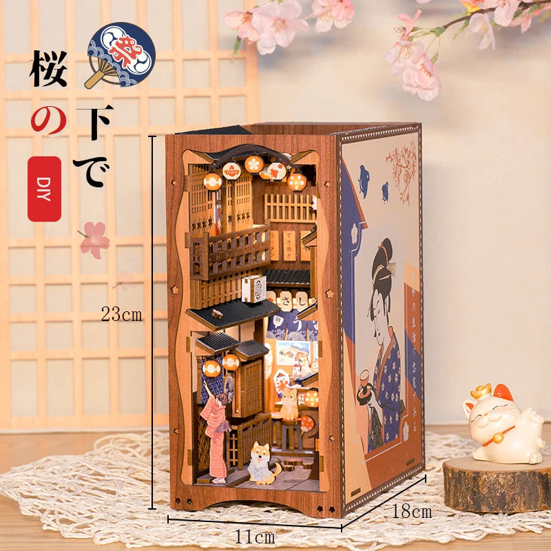 Cutebee DIY Book Nook Sakura Miniature Dollhouse Bookshelf Insert Japanese Wooden Bookend 3D Lighting Building for Kid Gifts