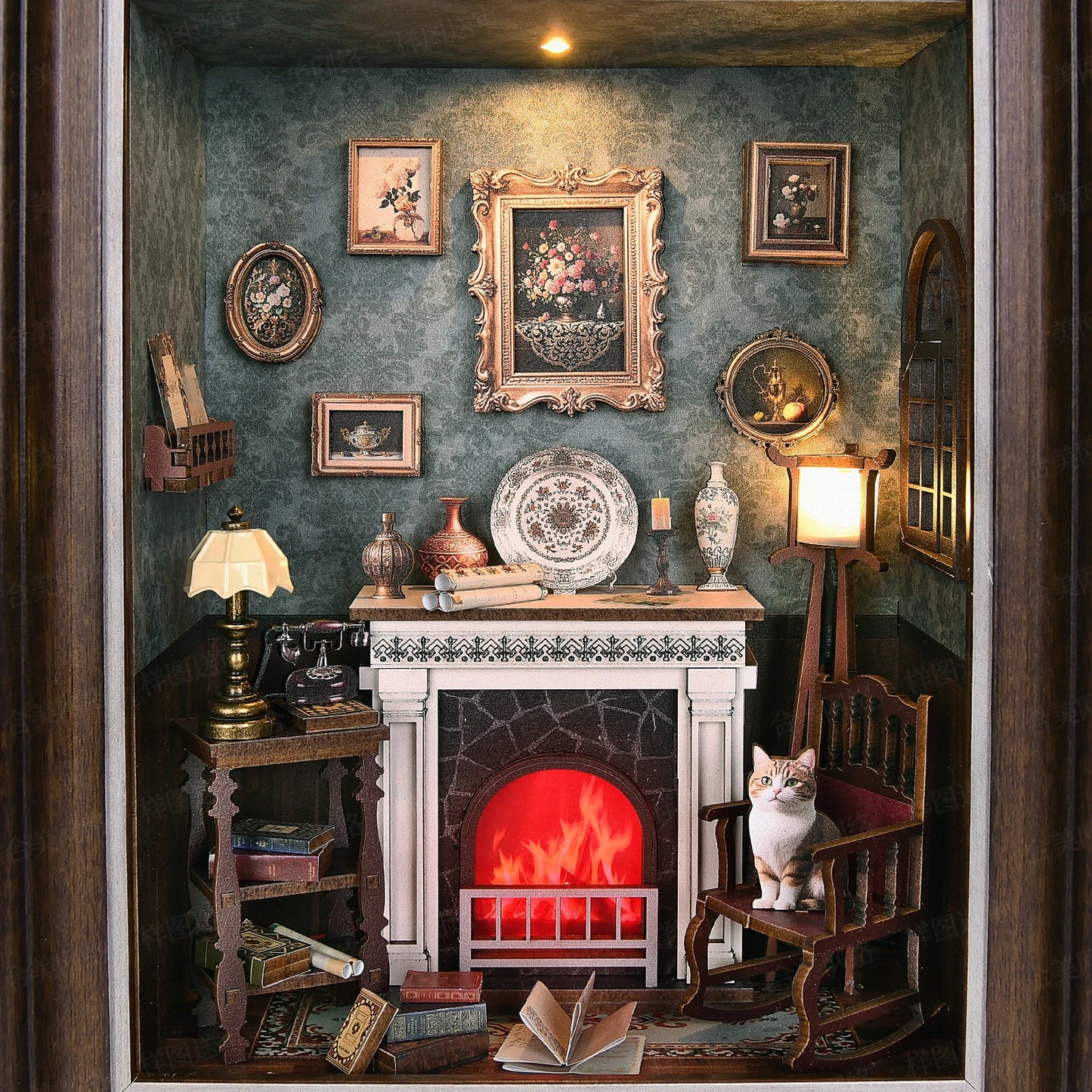 Book Nook Kit Fireplace DIY 3D Wooden Puzzle Photo frame ornament Bookshelf Dollhouse Model Bookend Building Home Decoration