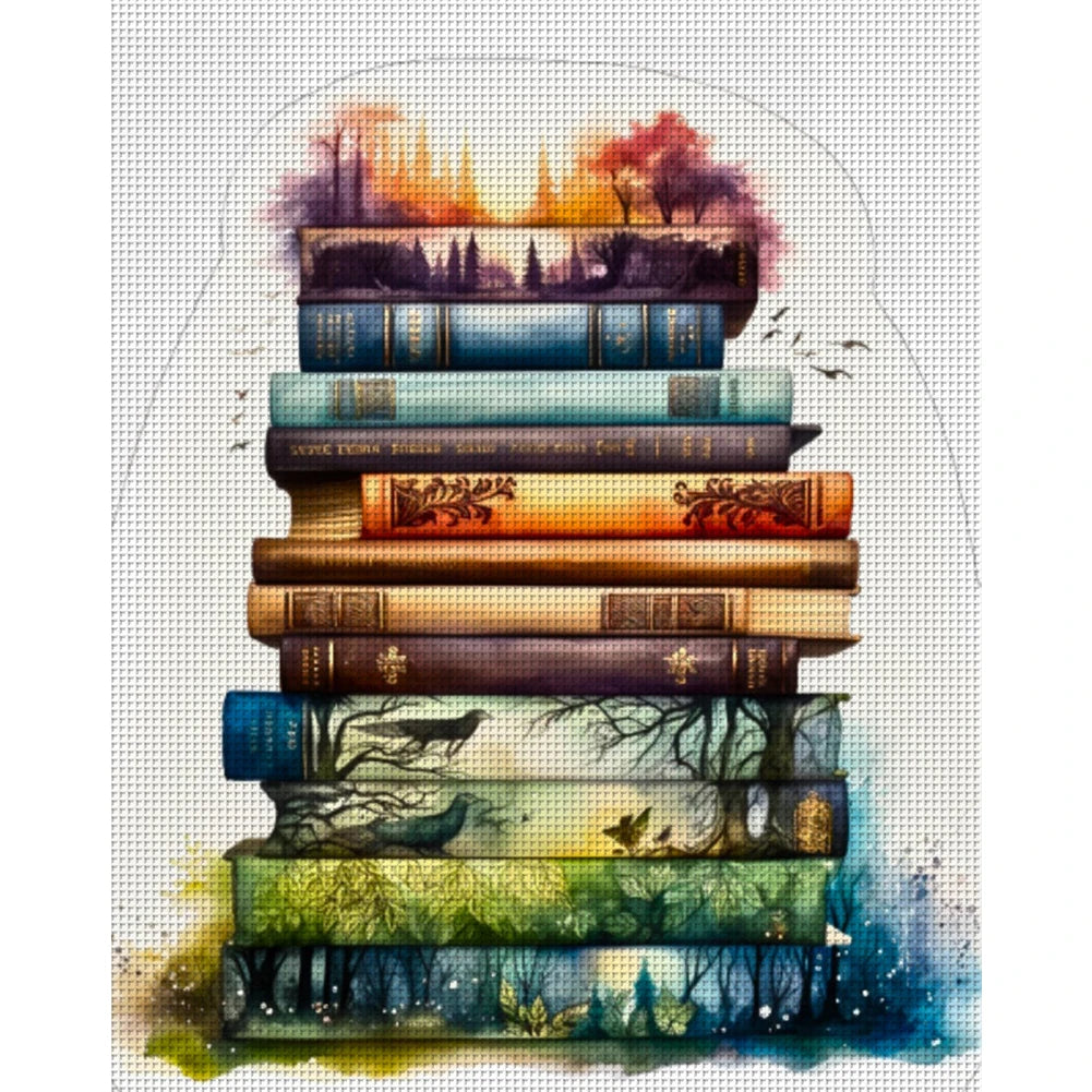 Full Embroidery cotton Thread 11CT Printed Pile of Book Cross Stitch 60x70cm