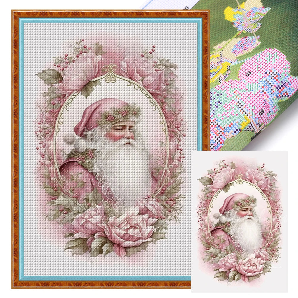 Full Embroidery cotton Thread 14CT Printed Pink Santa Cross Stitch 45x65cm