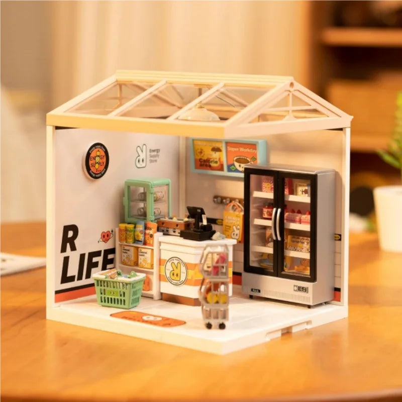 Robotime DIY Miniature Dollhouse Kit with Accessories Model Supply Store Kit with LED to Build Decent Birthday Gift